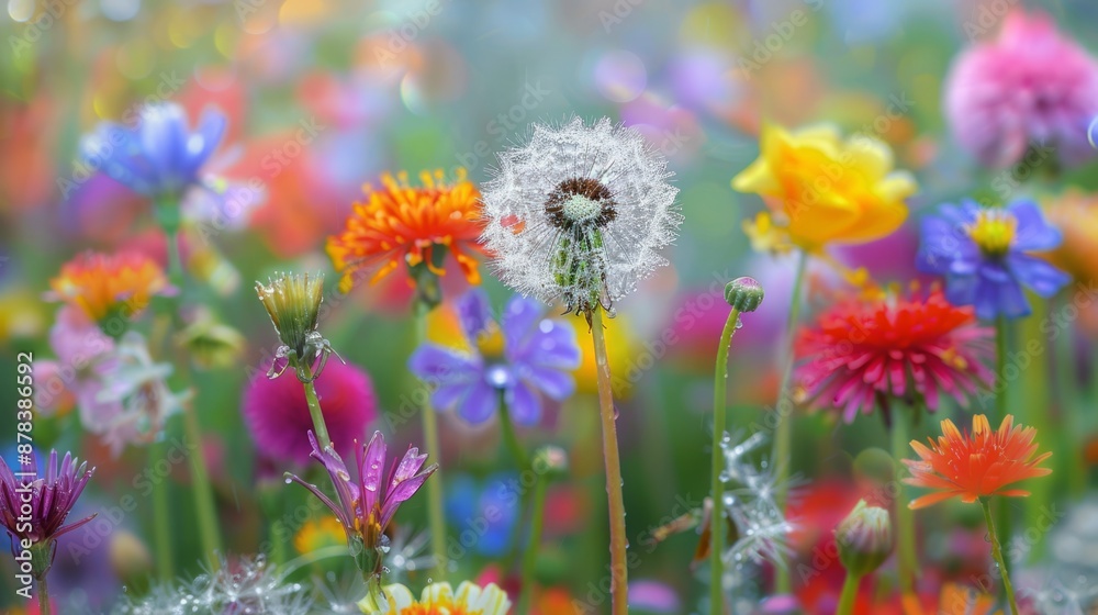 dandelion seeds with dew on a background of a field full of colorful flowers generative ai dandelion seeds with dew on a background of a field full of colorful flowers generative ai