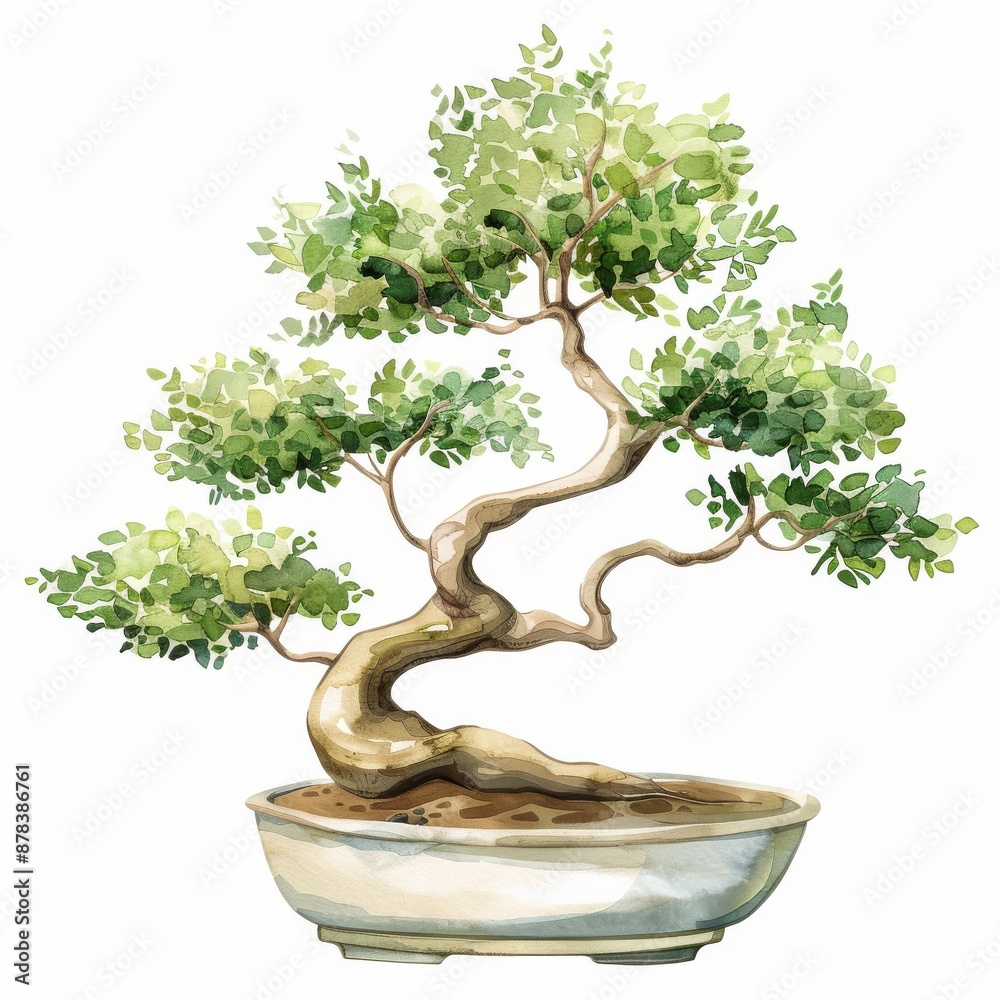 A watercolor illustration of a bonsai tree in a pot, isolated on a white background. The tree is green and has a twisted trunk. The pot is white and has a subtle pattern. A watercolor illustration of a bonsai tree in a pot, isolated on a white background. The tree is green and has a twisted trunk. The pot is white and has a subtle pattern.