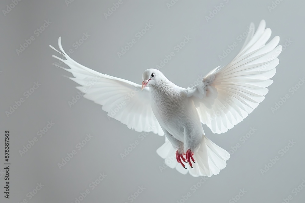 Fototapeta premium A white dove with outstretched wings, soaring in flight against a light gray background.