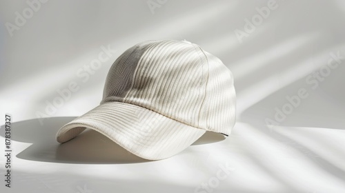 A white corduroy baseball cap lies on a white surface, bathed in soft, natural light.
