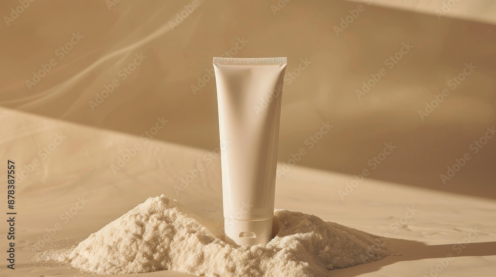 A white tube of lotion stands on a pile of sand, bathed in soft, warm light. The minimalist design emphasizes the product's simplicity and purity. A white tube of lotion stands on a pile of sand, bathed in soft, warm light. The minimalist design emphasizes the product's simplicity and purity.