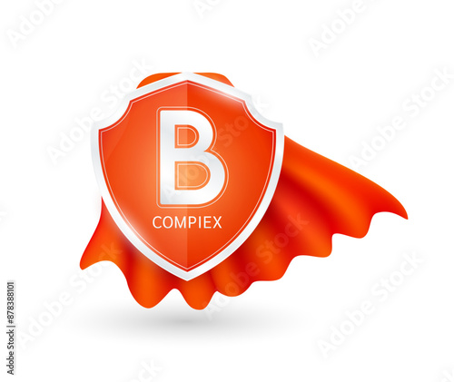 Vitamin B plus in shield knight red cloak. Protect and build immunity healthy. Vitamins minerals essential. For ads dietary supplements medical pharmacy. Vector EPS10 illustration.