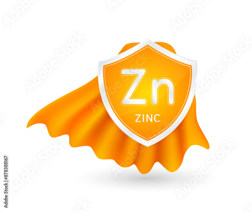 Zinc minerals in shield knight orange cloak. Vitamins essential protect build immunity healthy. For ads dietary supplements medical and pharmacy. Vector EPS10 illustration.