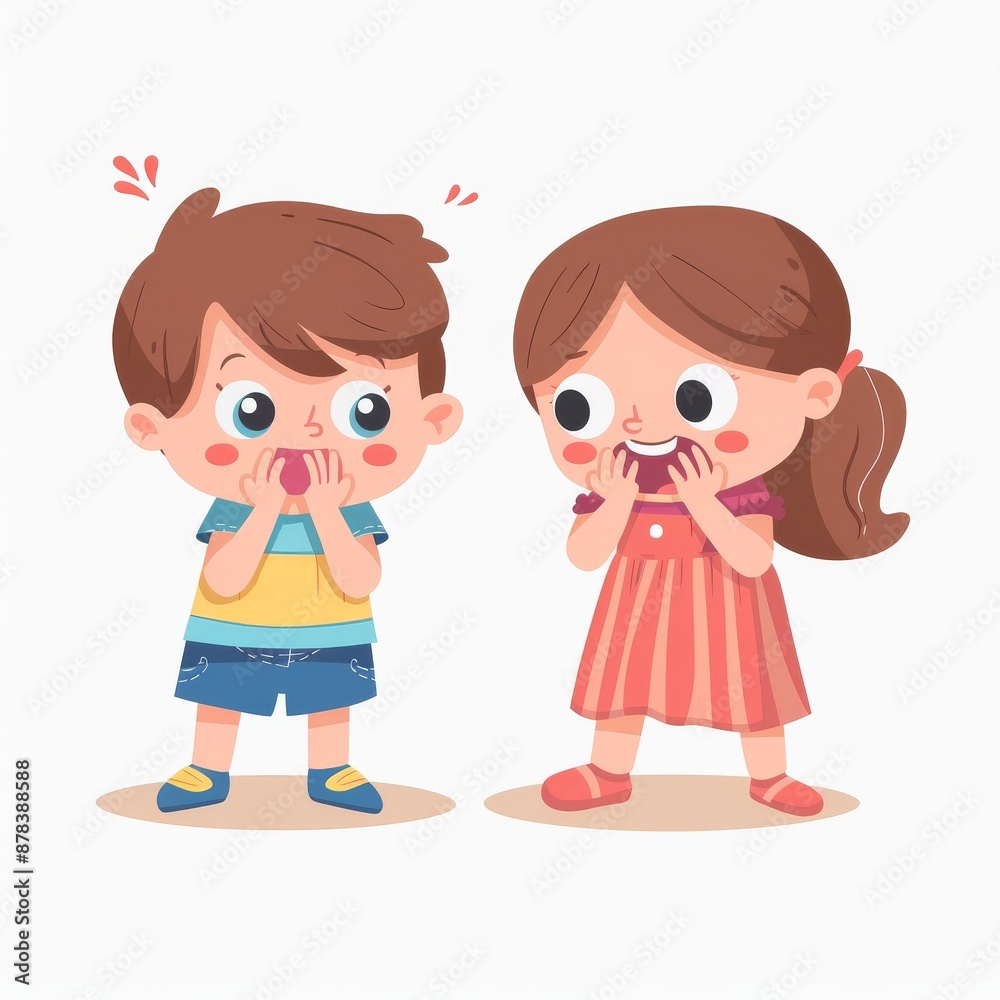 A cute illustration of a boy and a girl standing side by side, both with expressions of surprise and delight, capturing a playful and joyful moment.
