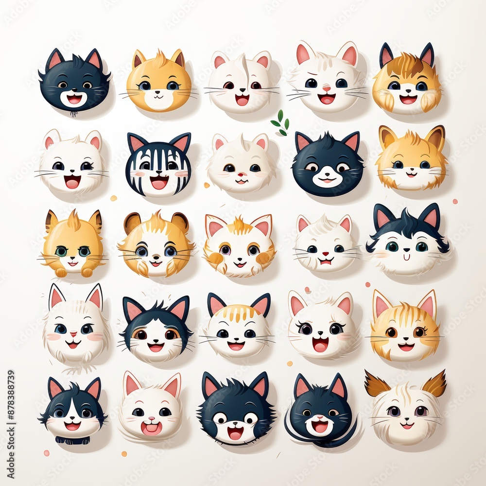 Collection of 25 cute cat emoticons with various facial expressions on a white background, for expressing emotions a to your digital communications Collection of 25 cute cat emoticons with various facial expressions on a white background, for expressing emotions a to your digital communications