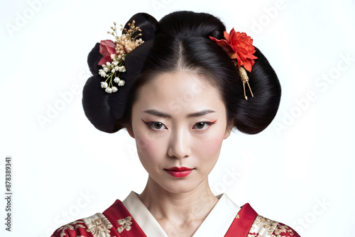 Closeup portrait of a young Japanese geisha, quiet and shy, looking pretty wearing traditional kimono, face makeup and shimada style coiffure hair wig, isolated on white background. Cultural Japan. photo