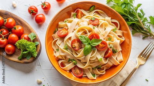 Scrumptious pasta with fresh tomatoes and basil in an orange bowl photo