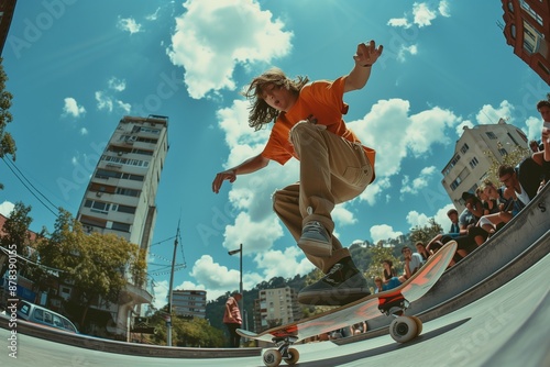 Skater doing kickflip on the ramp at skate park  photo