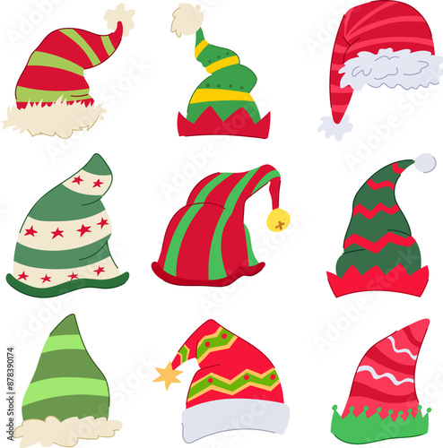 elf santa hat set cartoon. xmas red, noel cap, cute winter elf santa hat sign. isolated symbol vector illustration