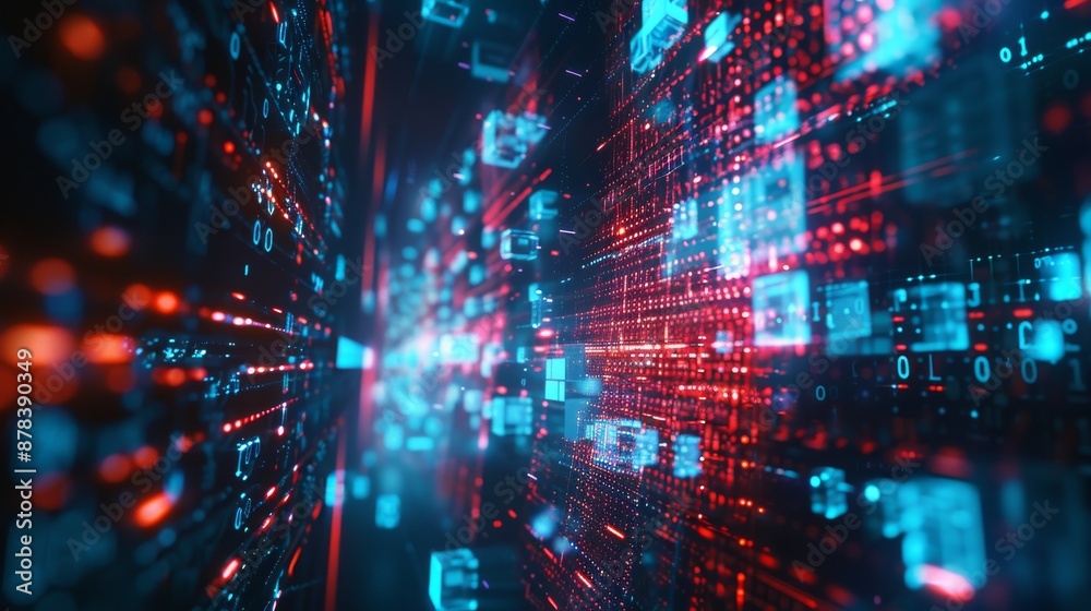 Obraz premium Abstract digital data stream with glowing blue and red squares, representing the flow of information in cyberspace.