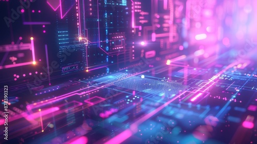 Abstract digital city with glowing neon lights and vibrant colors. Futuristic cityscape with glowing lines and data flow.