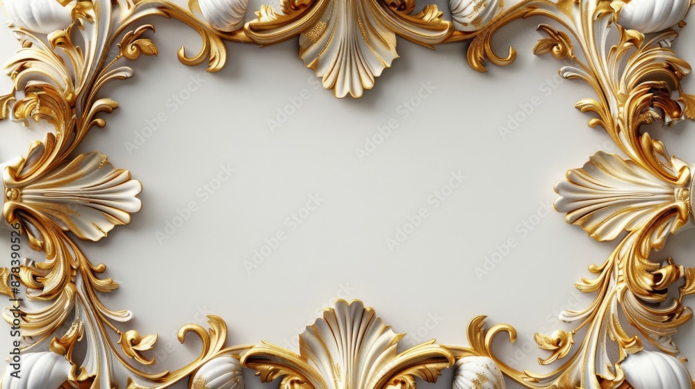 Gold relief frame featuring a floral pattern in baroque or rococo style. Ornate decorative relief frame. A golden baroque-style frame adorned with acanthus leaves and shell motifs. Gold relief frame featuring a floral pattern in baroque or rococo style. Ornate decorative relief frame. A golden baroque-style frame adorned with acanthus leaves and shell motifs.