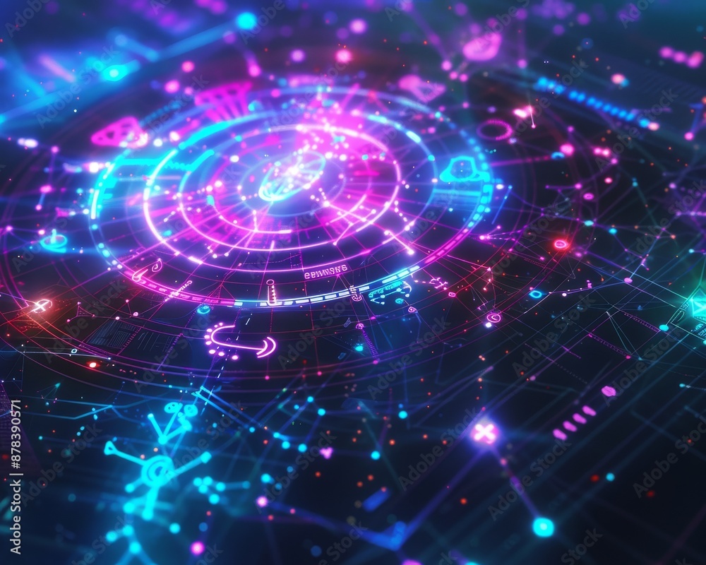 Abstract digital interface with glowing neon lights and symbols. Abstract digital interface with glowing neon lights and symbols.