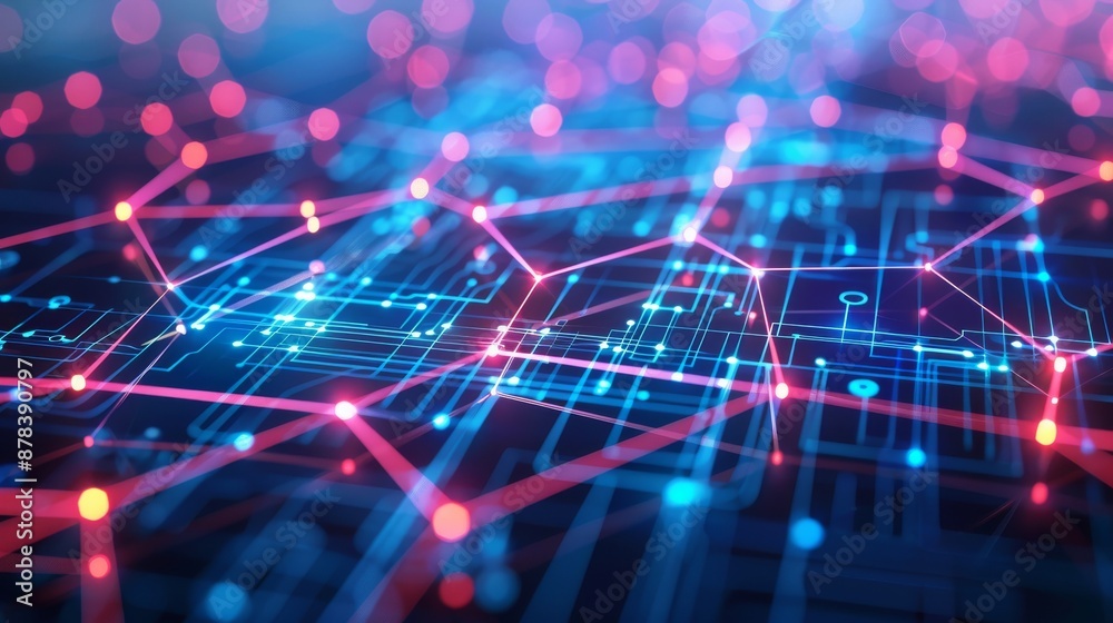 Abstract digital network with glowing lines and nodes, representing data flow and connectivity. Abstract digital network with glowing lines and nodes, representing data flow and connectivity.