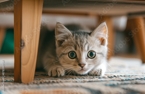 A playful kitten hides under the table, chasing its tail and pouncing on shadows photo