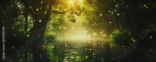 Sunlit stream through green forest with fireflies at dusk