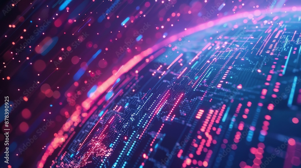 Abstract digital sphere with glowing circuit board pattern and vibrant lights.