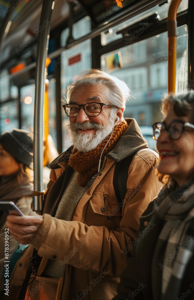 Elderly man happily stands on bus, holding cellphone Elderly man happily stands on bus, holding cellphone