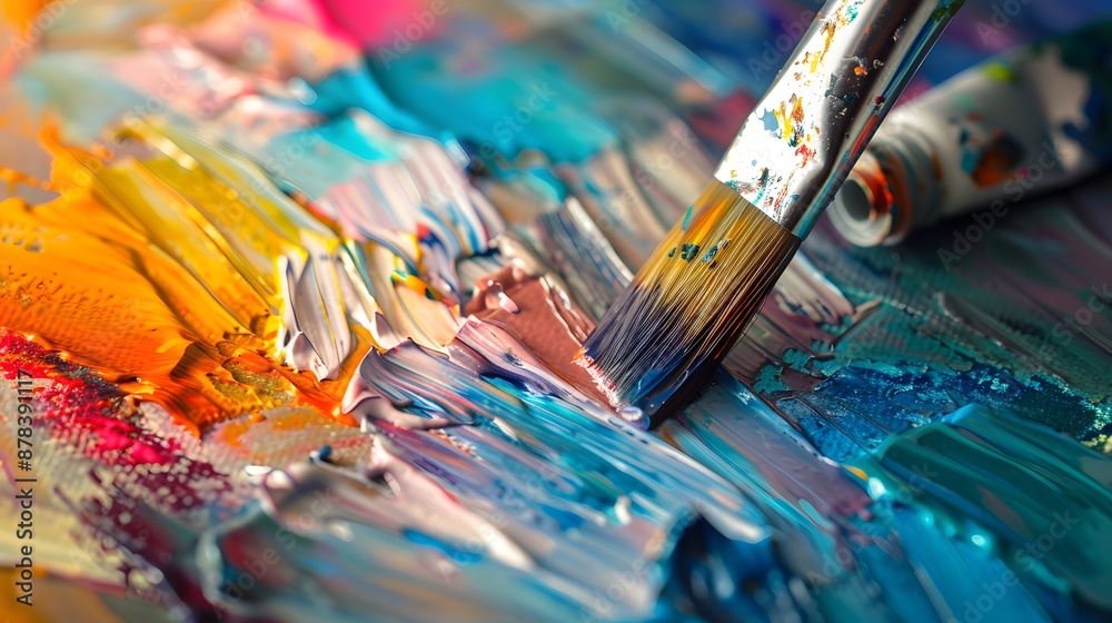 Painting on Canvas: Close-up of a paintbrush applying vibrant colors to a canvas, with paint tubes and a palette nearby.
Painting on Canvas: Close-up of a paintbrush applying vibrant colors to a canvas, with paint tubes and a palette nearby.