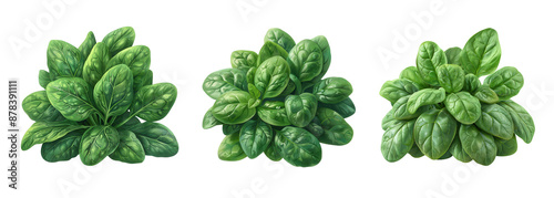 Three bundles of fresh spinach leaves, isolated on a white background, perfect for healthy eating, cooking, and organic food concepts.