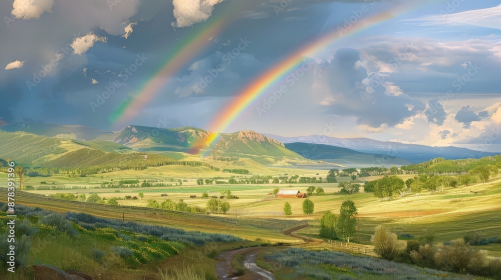 Obraz premium rainbow arches over a quiet village by the sea, its colors adding a touch of magic to the scene.