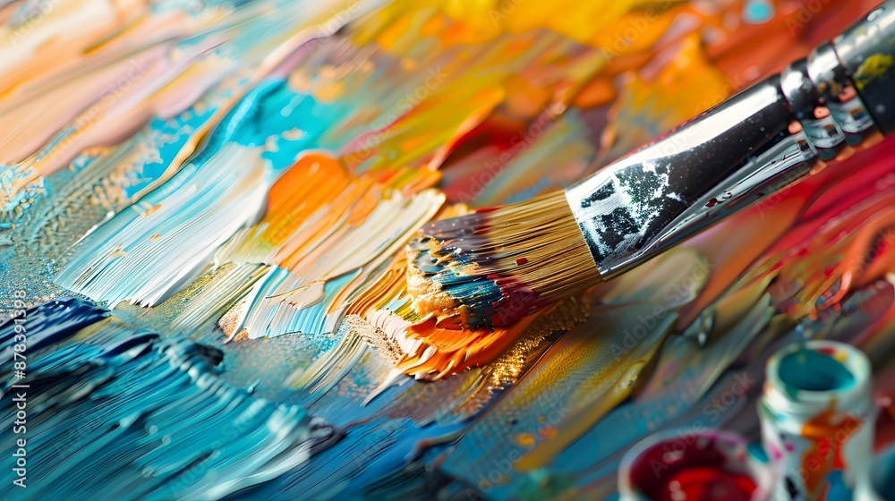 Painting on Canvas: Close-up of a paintbrush applying vibrant colors to a canvas, with paint tubes and a palette nearby.
Painting on Canvas: Close-up of a paintbrush applying vibrant colors to a canvas, with paint tubes and a palette nearby.