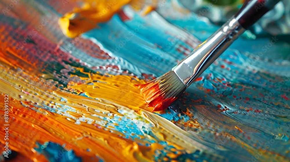 Fototapeta premium Painting on Canvas: Close-up of a paintbrush applying vibrant colors to a canvas, with paint tubes and a palette nearby. 