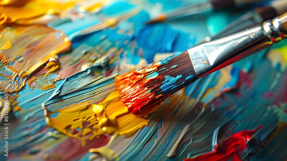 Fototapeta premium Painting on Canvas: Close-up of a paintbrush applying vibrant colors to a canvas, with paint tubes and a palette nearby. 