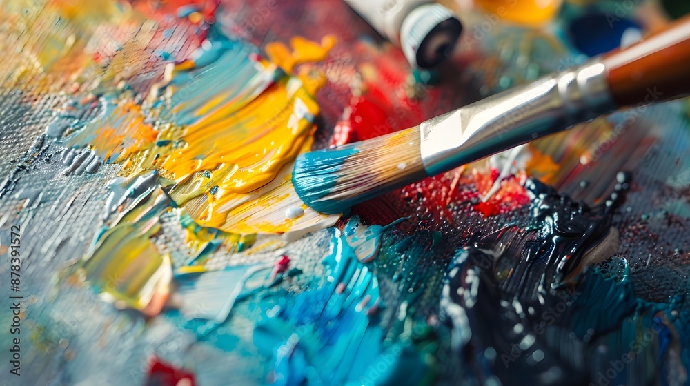 Fototapeta premium Painting on Canvas: Close-up of a paintbrush applying vibrant colors to a canvas, with paint tubes and a palette nearby. 
