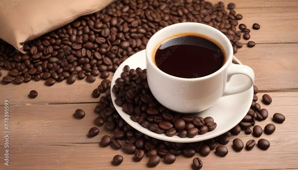 Fototapeta premium A cup of fresh coffee with coffee beans on wooden table closeup view