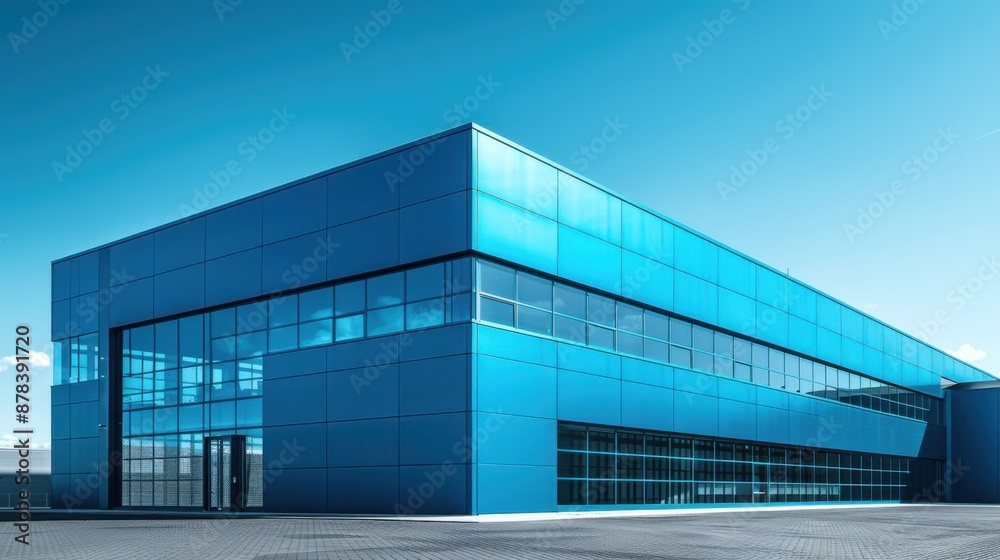Modern Blue Building with Reflective Windows Under Clear Sky