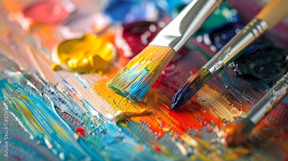 Painting on Canvas: Close-up of a paintbrush applying vibrant colors to a canvas, with paint tubes and a palette nearby.
