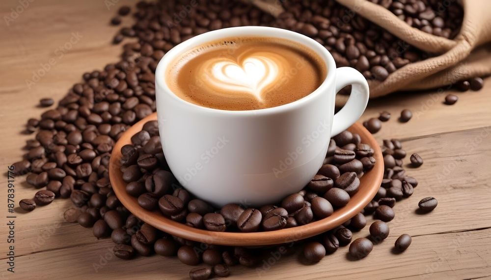 Fototapeta premium A cup of fresh coffee with coffee beans on wooden table closeup view