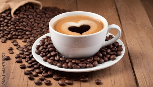A cup of fresh coffee with coffee beans on wooden table closeup view