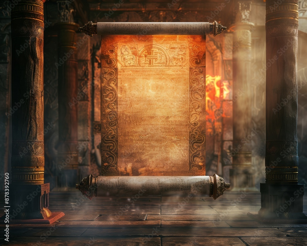 An ancient scroll hangs in a crumbling stone archway, bathed in warm, golden light.