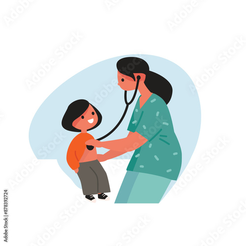 Child sitting at the office of pediatrician. Doctor examining a child with a stethoscope