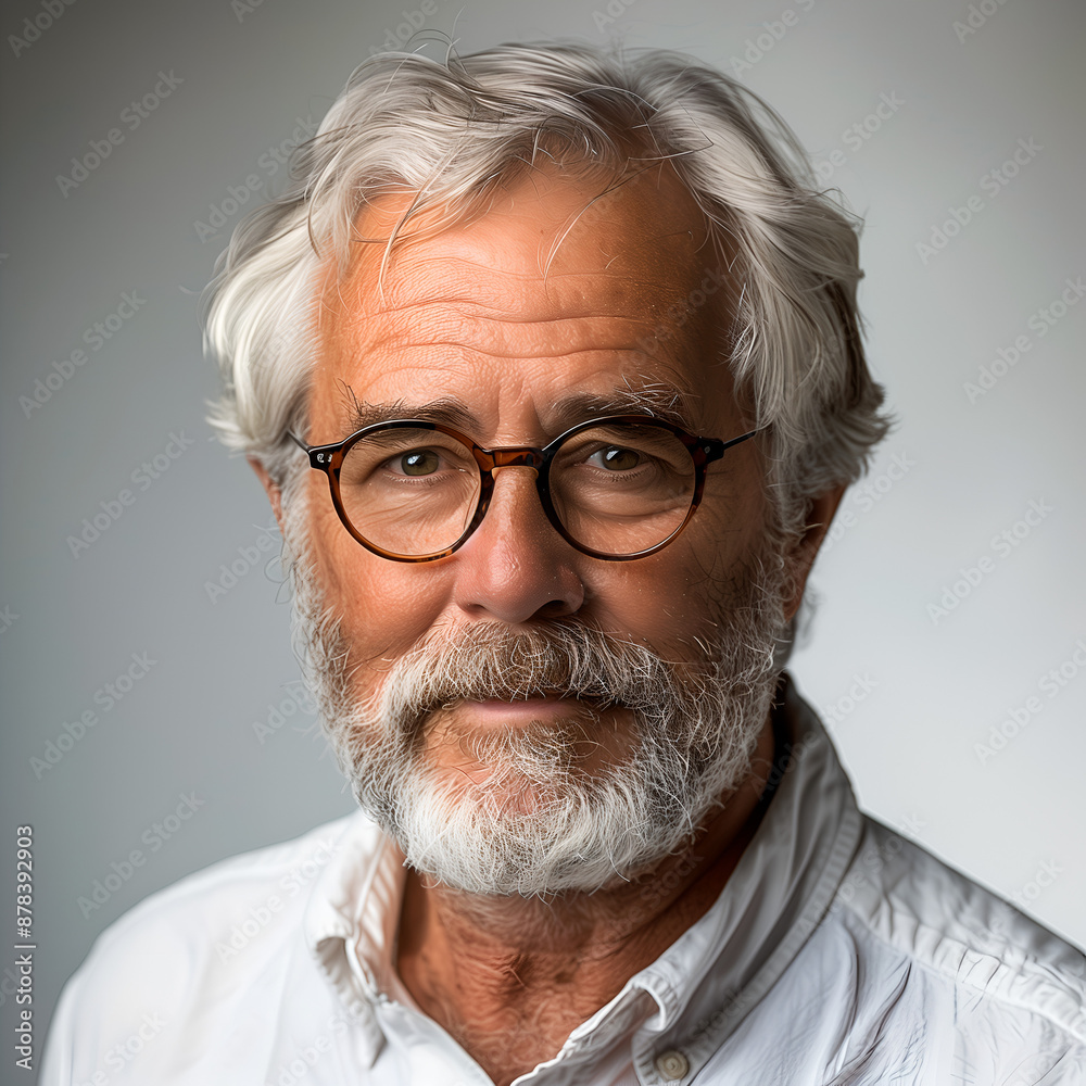 portrait features an elderly man with a full, well-groomed white beard and round glasses, exuding wisdom and tranquility, isolated on grey background portrait features an elderly man with a full, well-groomed white beard and round glasses, exuding wisdom and tranquility, isolated on grey background