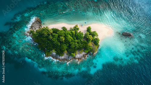 Drone view of a picturesque island with white sandy beaches, turquoise waters, and a coral reef surrounding it, making it a perfect paradise for nature lovers and vacationers