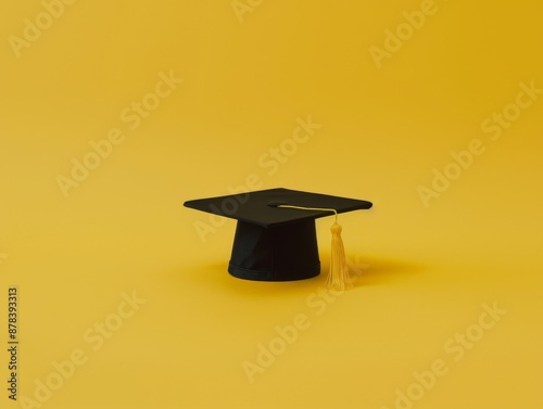 Black graduation cap with gold tassel on yellow background. Minimalist concept for education, achievement, or success.
