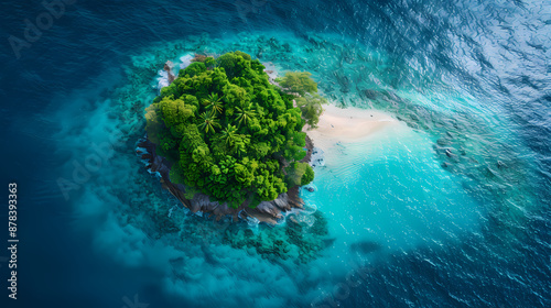 Drone view of a picturesque island with white sandy beaches, turquoise waters, and a coral reef surrounding it, making it a perfect paradise for nature lovers and vacationers