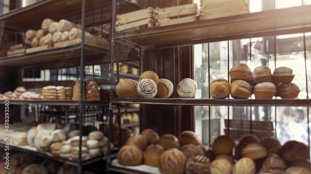 Bakery scene with bread display and ample space for text overlay in the background Bakery scene with bread display and ample space for text overlay in the background
