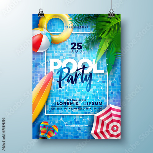 Summer Pool Party Poster Design Template with Palm Leaves, Beach Ball and Float on Blue Wavy Water Background. Vector Vacation Holiday Illustration for Banner, Flyer, Invitation, Brochure, Poster or