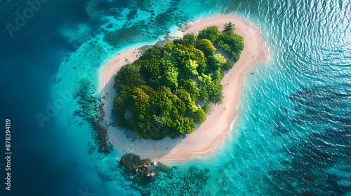 Drone view of a picturesque island with white sandy beaches, turquoise waters, and a coral reef surrounding it, making it a perfect paradise for nature lovers and vacationers © Akharadat
