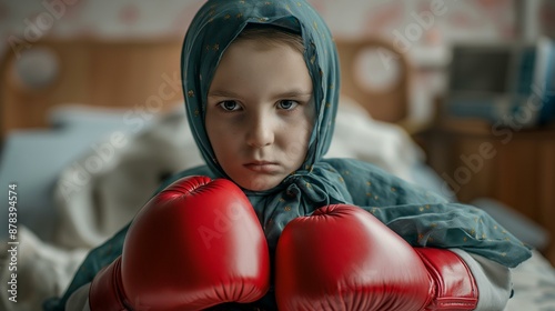 Determined Young Boy in Hospital Room Wearing Boxing Gloves with a Defiant Expression