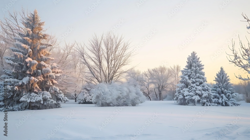 Snow-Covered Landscape with Trees at Sunrise Snow-Covered Landscape with Trees at Sunrise