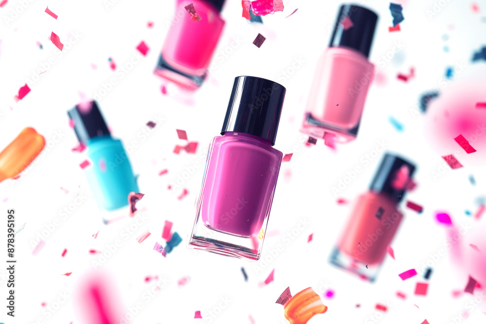 Obraz premium Nail polish bottles falling in the air on white background