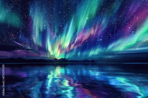 ethereal aurora borealis dancing across a starry night sky vibrant neon hues swirling in abstract patterns reflecting off a tranquil lake below © furyon