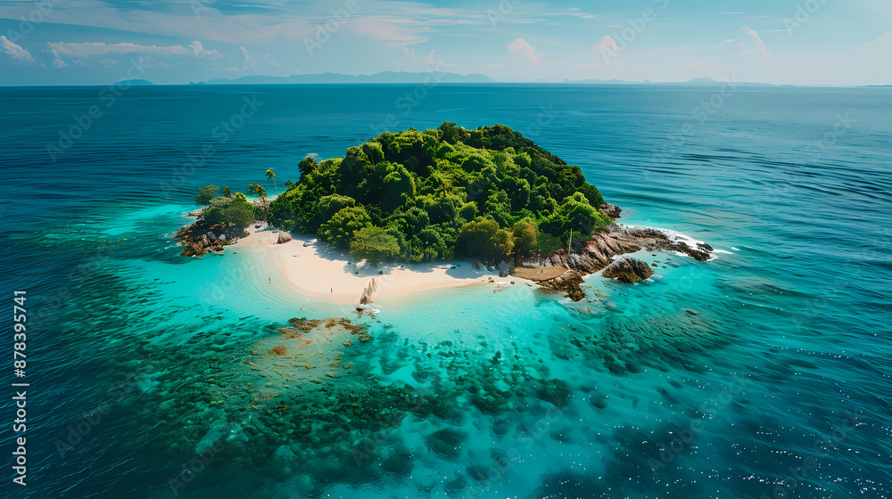 Fototapeta premium Drone view of a picturesque island with white sandy beaches, turquoise waters, and a coral reef surrounding it, making it a perfect paradise for nature lovers and vacationers
