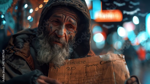 A detailed close-up of a homeless individual holding a sign, facial expressions showing struggle, against the backdrop of a high-tech city