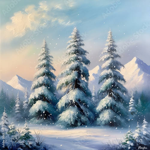 Holiday background featuring winter trees in snow covered mountains Enchanting winter scenery